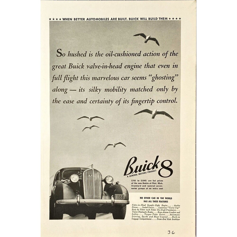 Buick 8 "No Other Car in the World Has these features" Vintage Print Ad 1936
